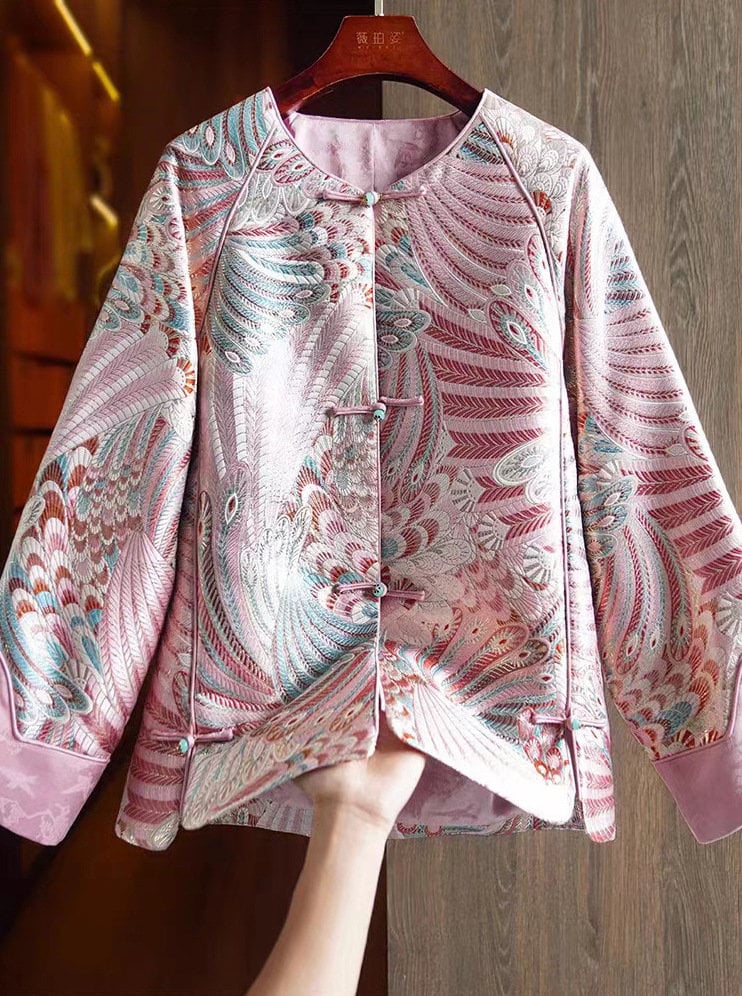 Tissu damassé rose : tissage queue de phénix chinois de 35 pouces de large