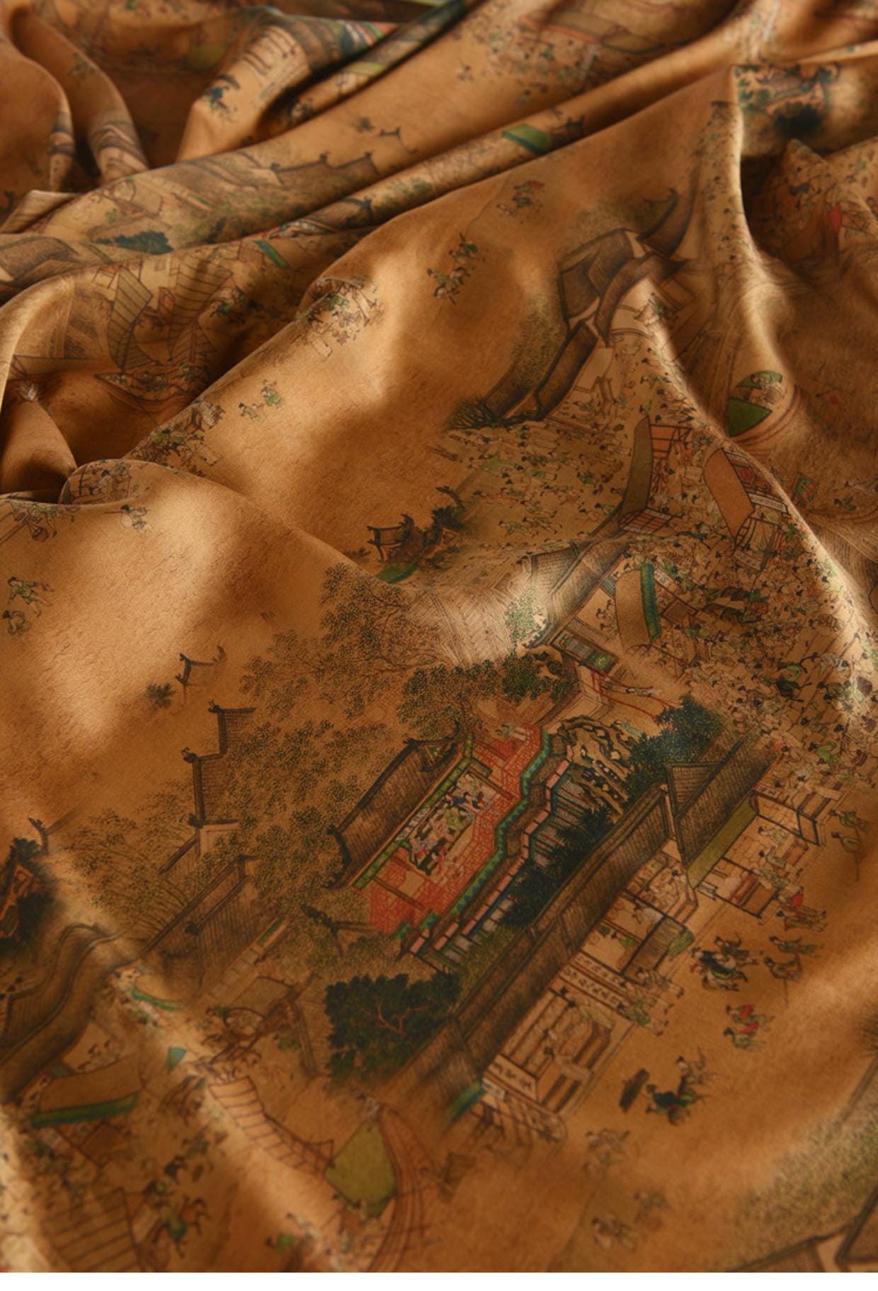 Tissu en coton pour la fête de Qingming : imprimé paysage fluvial, 140 cm de large