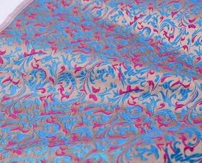 Fuchsia & Blue Brocade Fabric: Reversible Woven Damask, Wheat Pattern