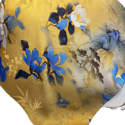 Gold & Blue Floral Tea Silk Satin Fabric: 55"W Digital Print