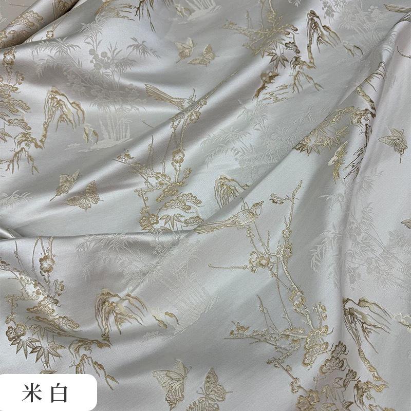 Silk Brocade Fabric: 59"W Magpie Bamboo Print