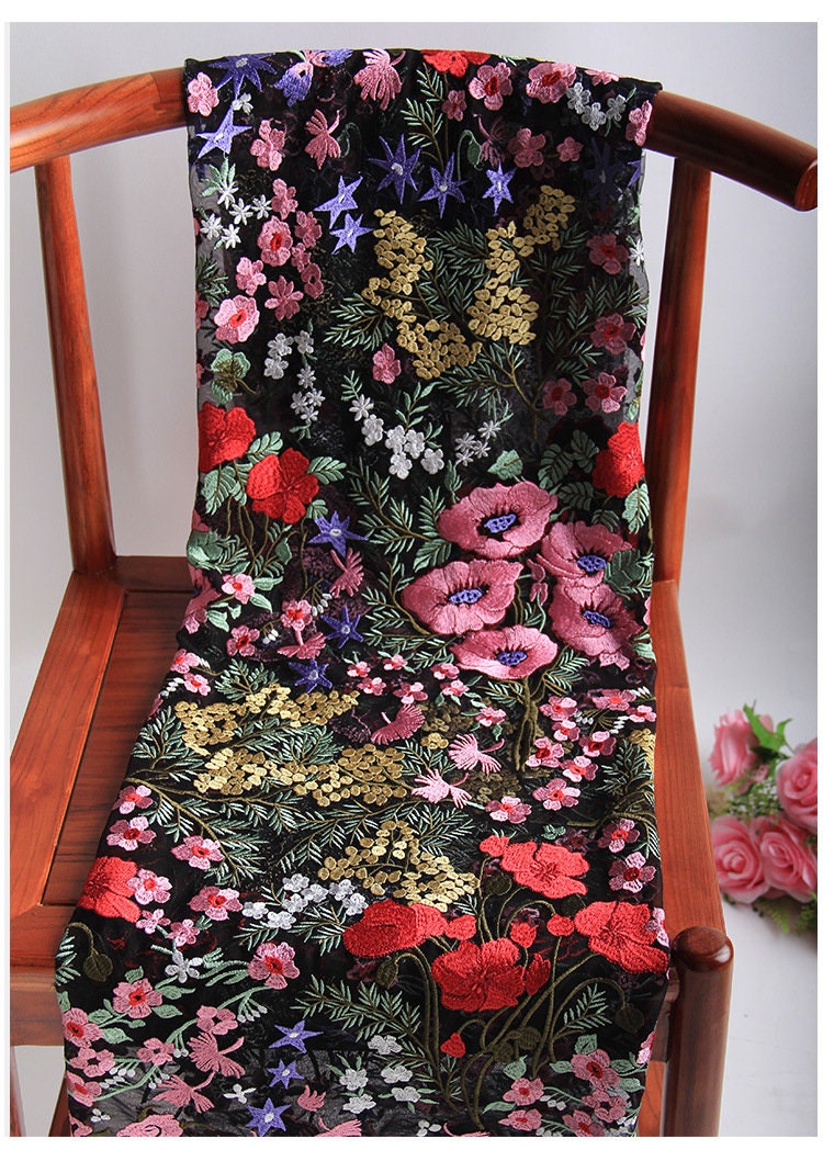 Floral Embroidered Lace Fabric: Pink, Red, Gold Flowers on Black Net (43"W)