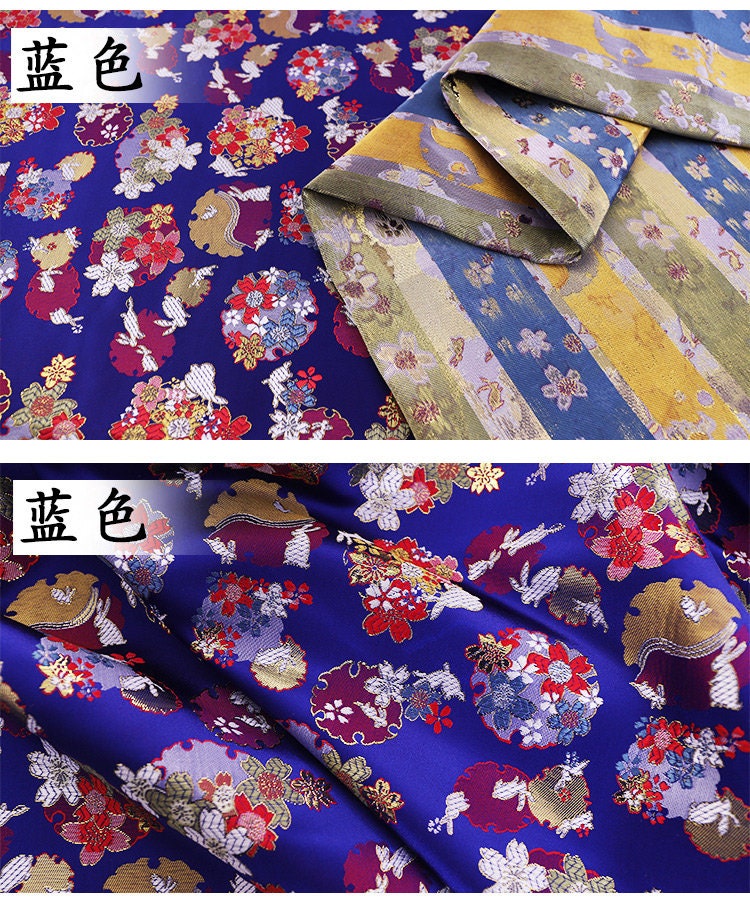 Tissu brocart jacquard Sakura Rabbit : rouge, rose, or, bleu (au mètre)