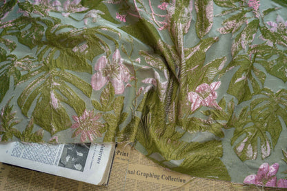 Gold Thread Floral Jacquard Fabric: Pea Green 3D Designer Fabric, 57" Wide