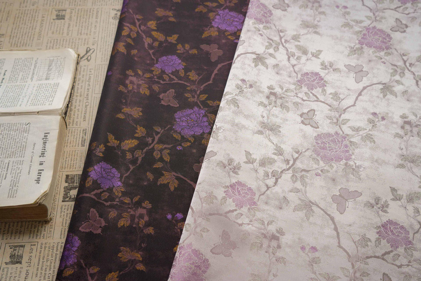 Gold Thread Jacquard Fabric: Retro Butterfly Floral Upholstery, 56"W