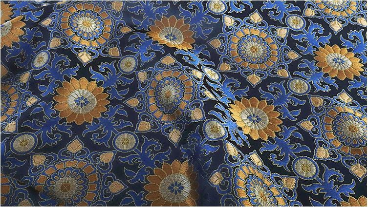 Navy Blue Zen Flower Brocade Fabric: 59" Wide, Upholstery & Costume