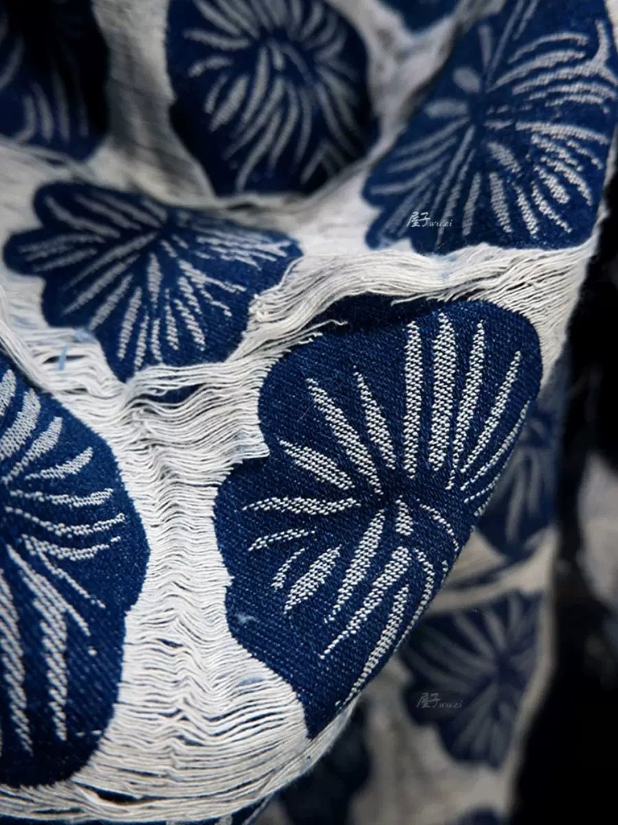 Floral Jacquard Denim Fabric: 3D Cotton Weave, 67" Wide