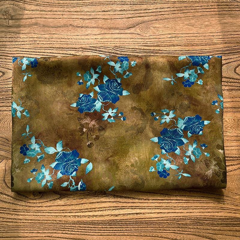 Floral Brocade Fabric ��� Blue Gold Rayon Silk Ble" Wide