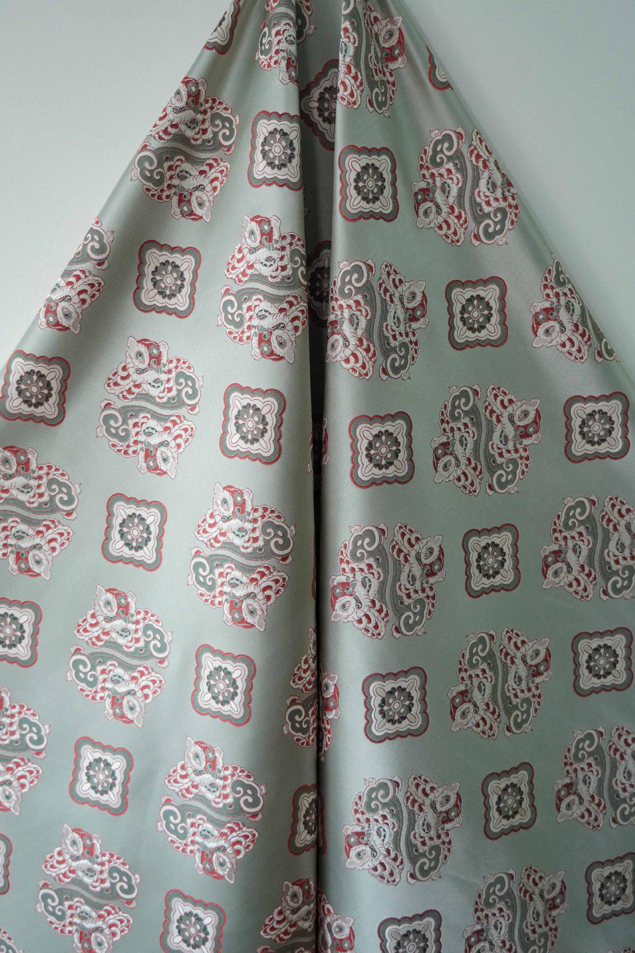 Aqua Blue Silk Brocade Fabric: Chinese Fu Lion Design, 66"W
