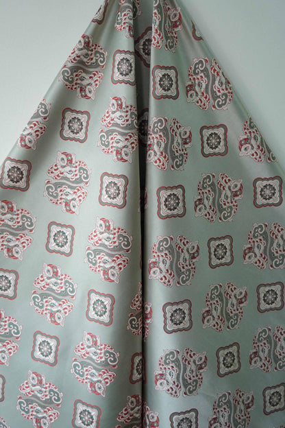 Aqua Blue Silk Brocade Fabric: Chinese Fu Lion Design, 66"W