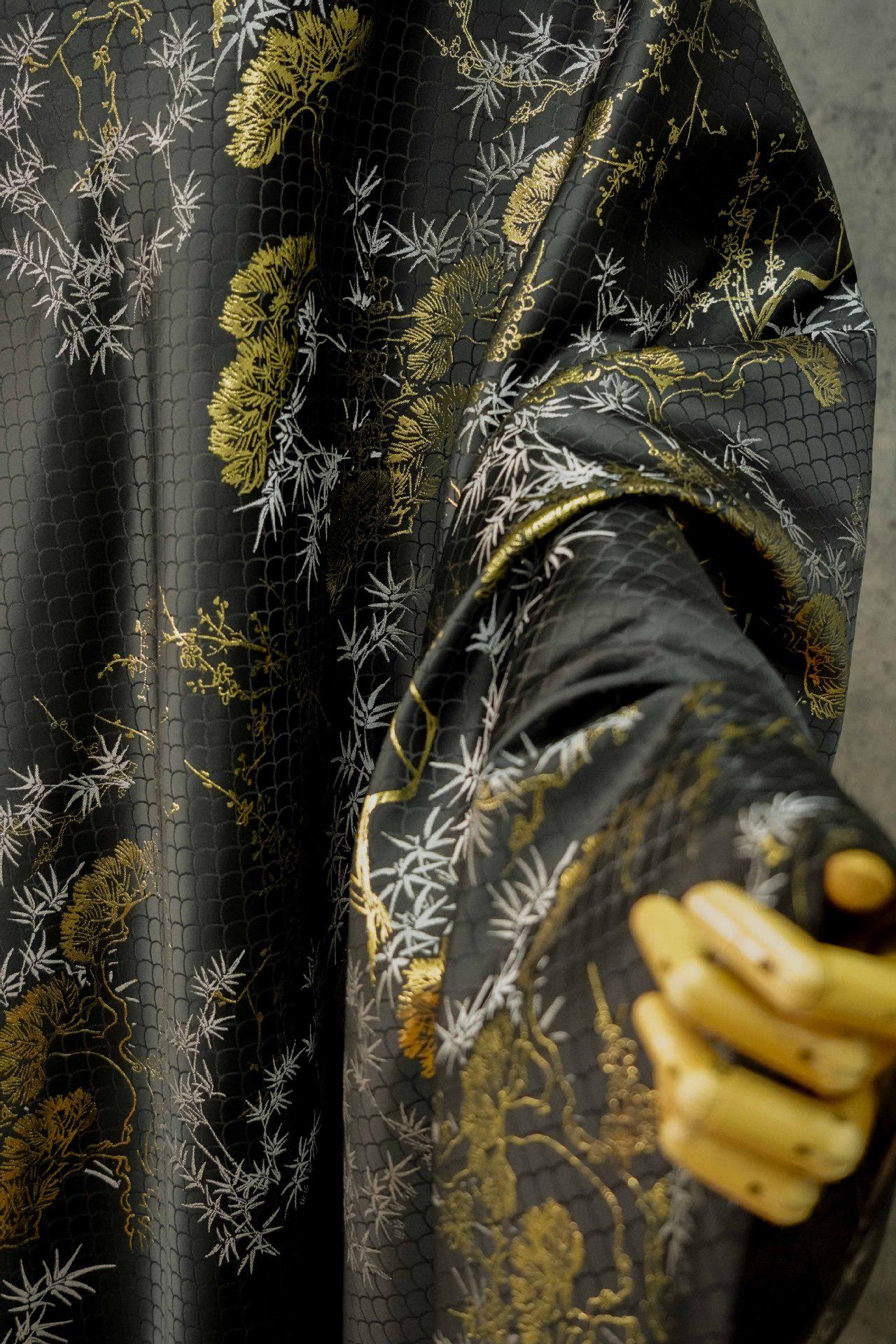 Japanese Kirin Nishijin Brocade Fabric: Black Upholstery, Costume, Decor (65" Wide)