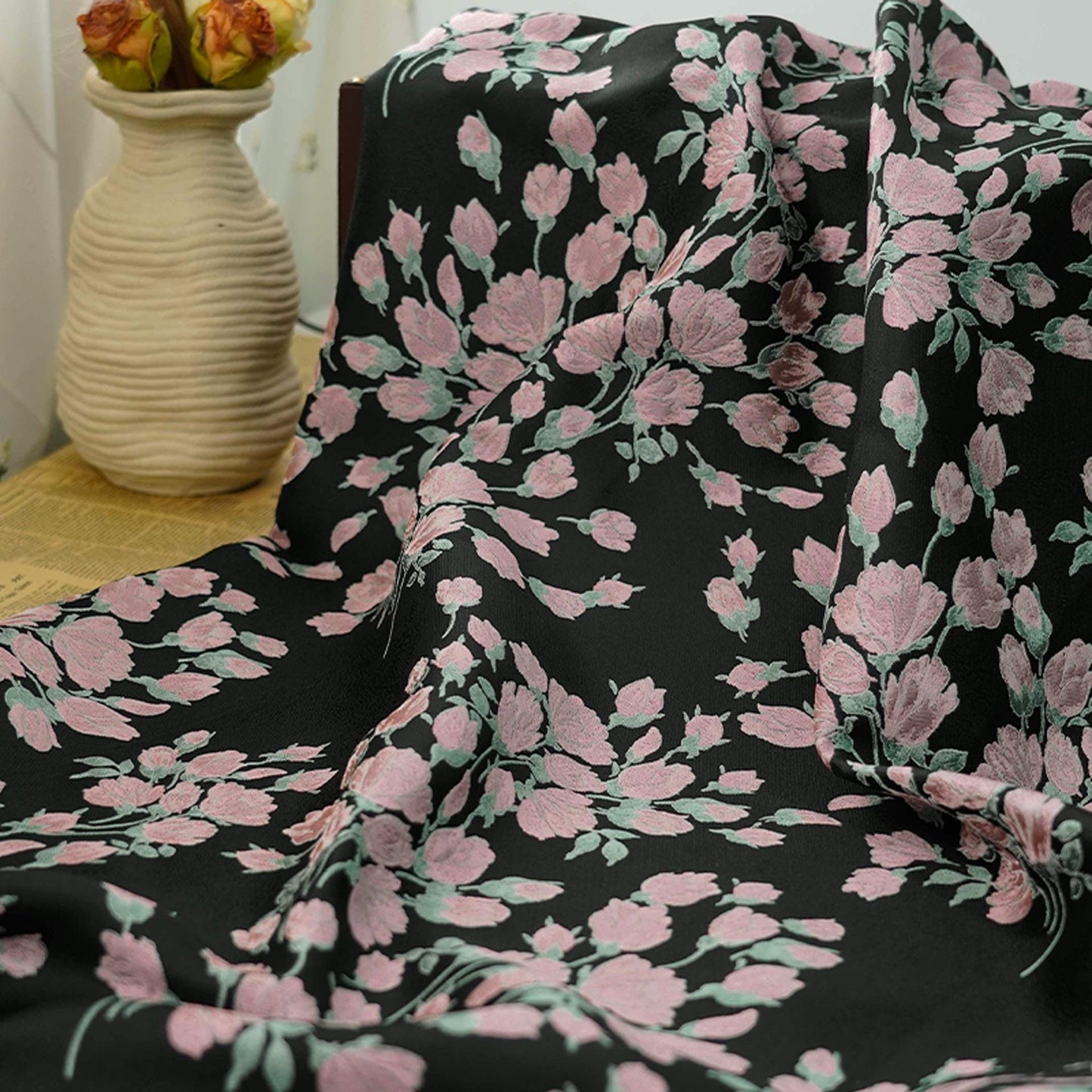 Reversible Pink Flower Jacquard Fabric: Embossed Upholstery, Costume, Curtain (55"W)
