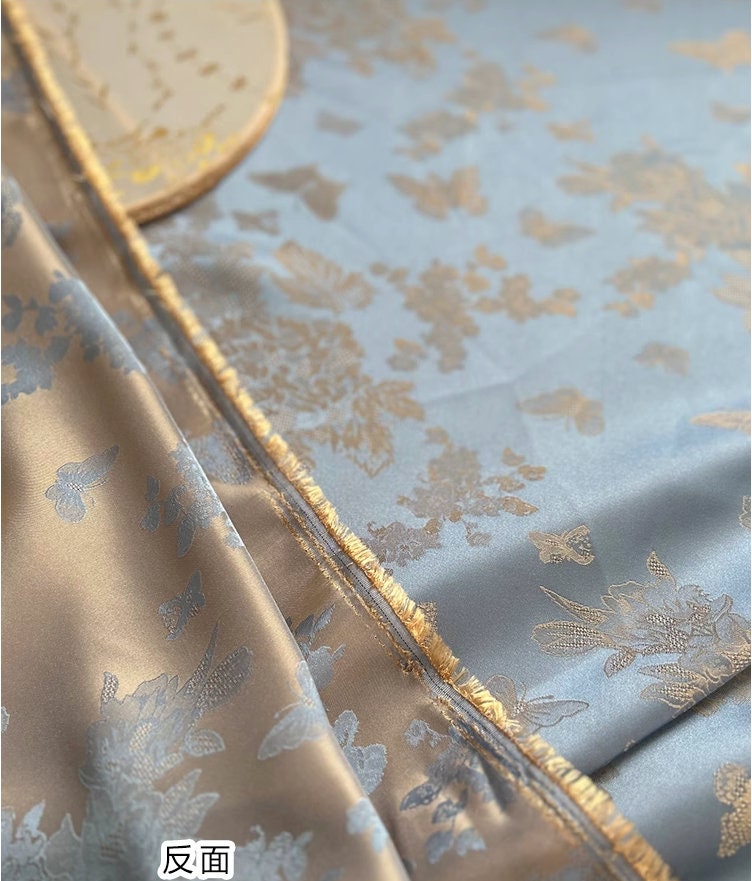 Aqua Blue Butterfly Nishijin Fabric: Japanese Silk Brocade, 55"W
