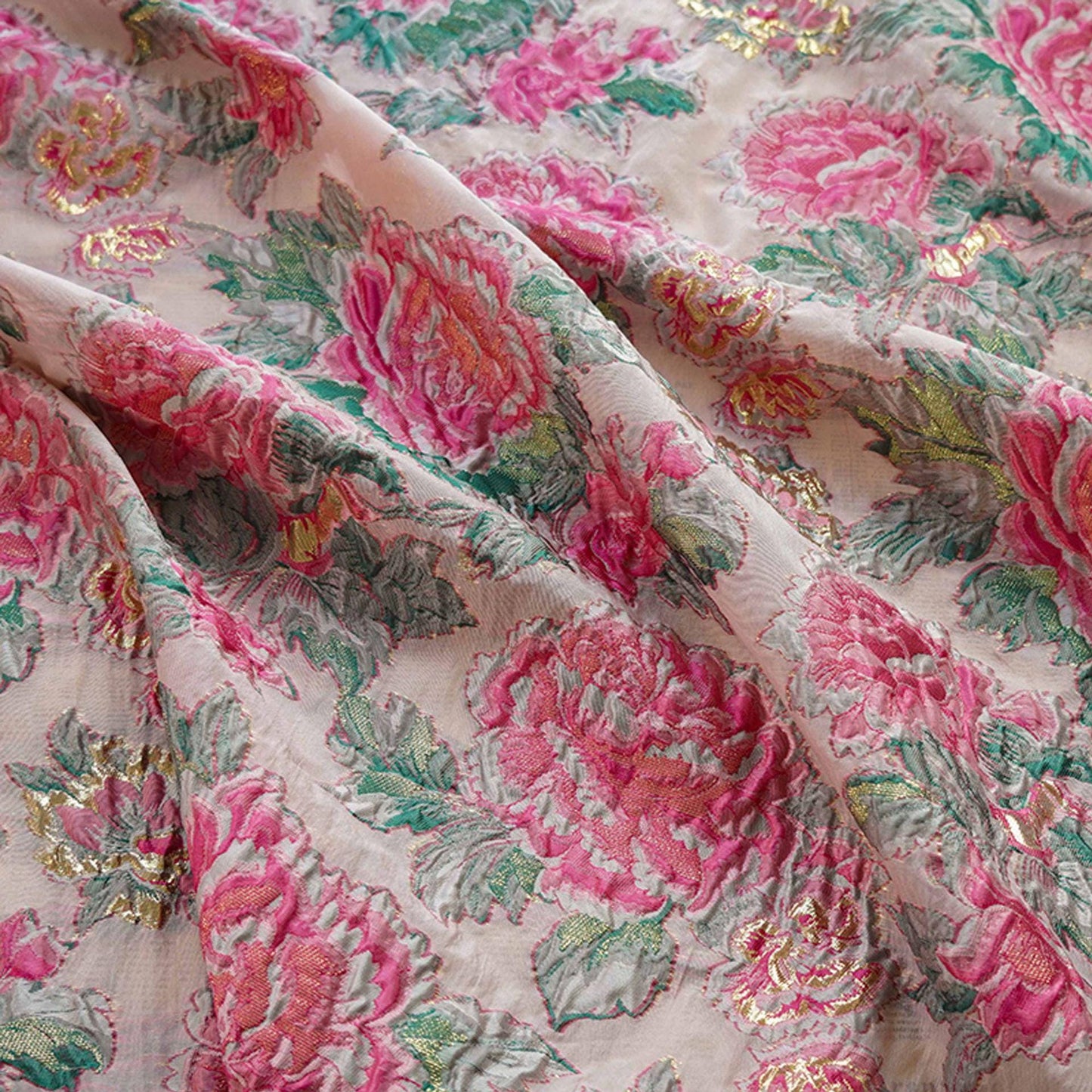 Embossed Flower Jacquard Fabric: 3D Gold Thread Design, 55" Wide