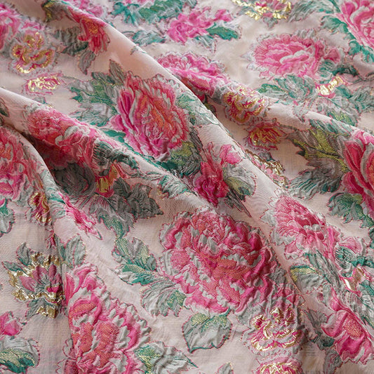 Tissu jacquard à fleurs en relief : motif en fil doré 3D, largeur 140 cm