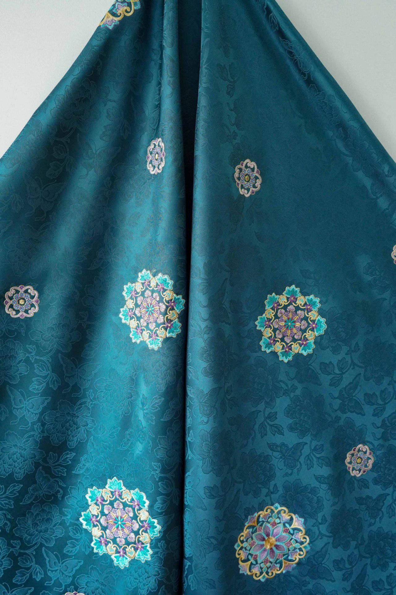 Embroidered Lotus Silk Brocade Fabric: Tibetan Robe, Cheongsam Sewing Material