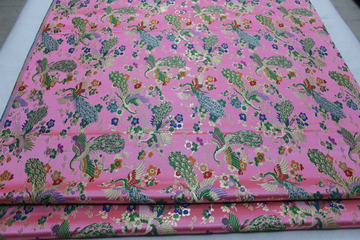 Peacock Floral Brocade Fabric: Chinese Silk Rayon Blend, 29"W