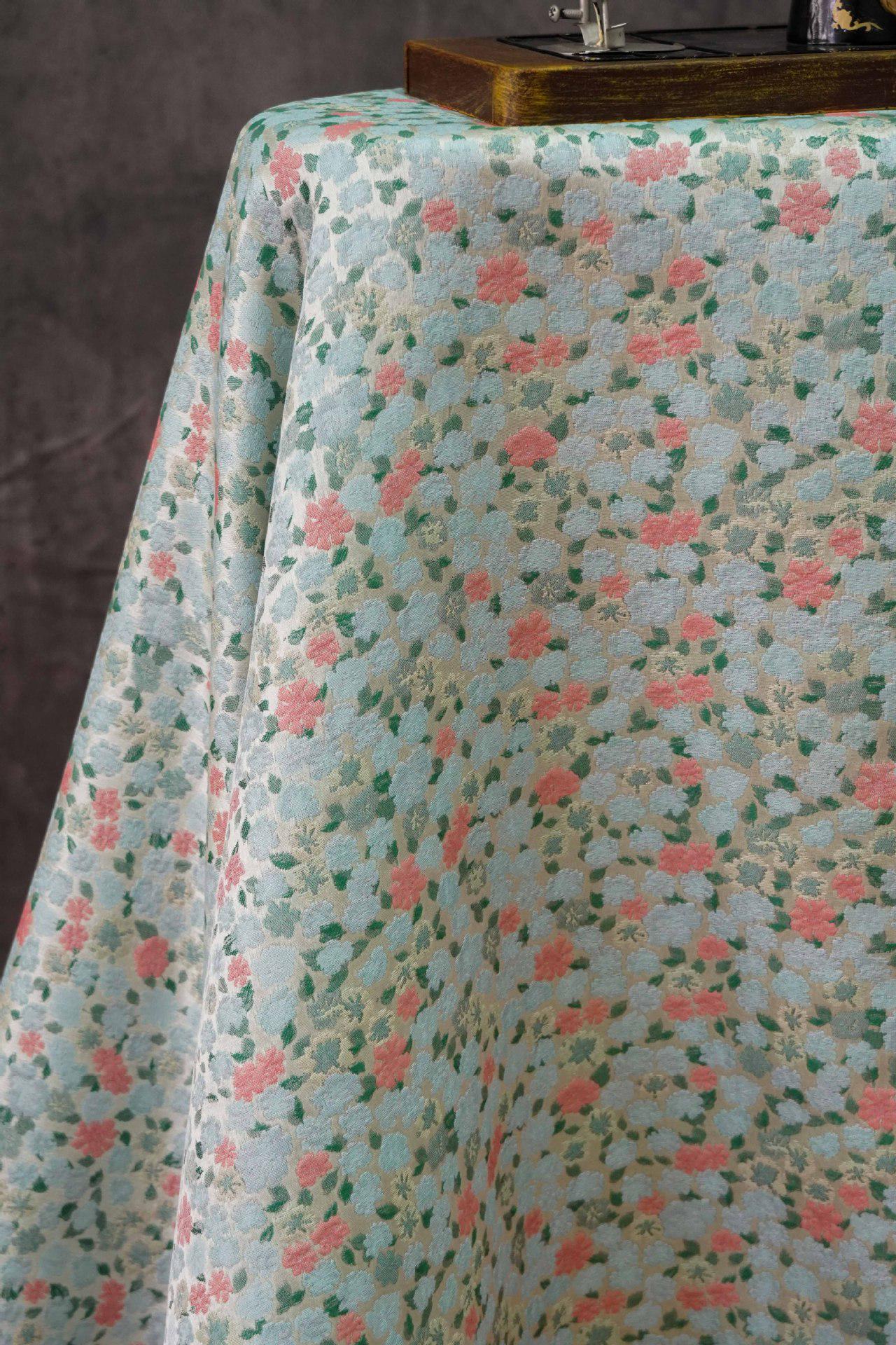 Blue & Pink Floral Jacquard Fabric - 63"W Chinese Style