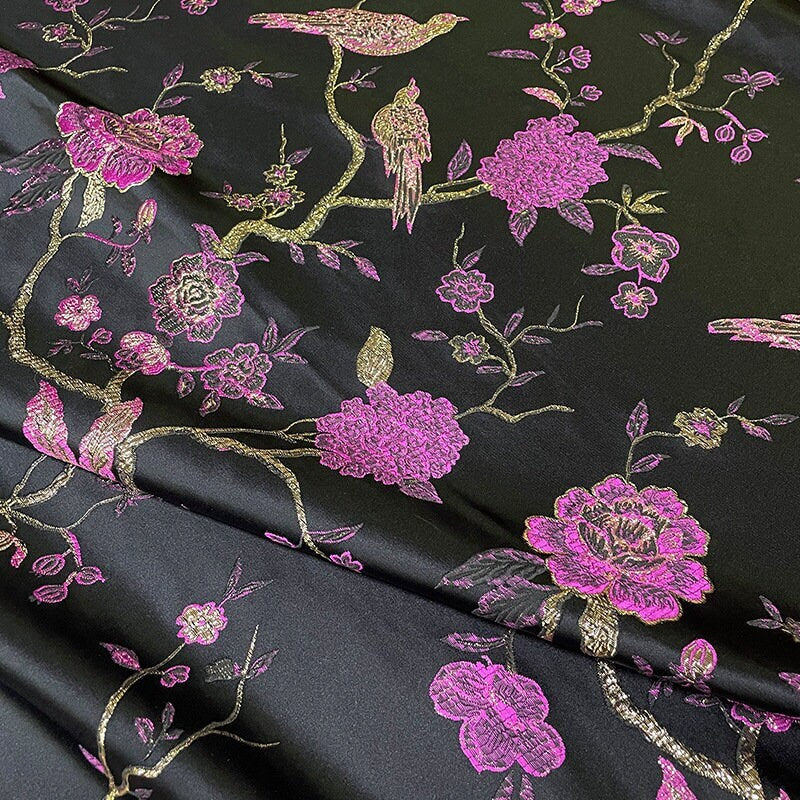 Metallic Brocade Fabric: Damask Jacquard Satin, 57"W, Floral Bird Pattern