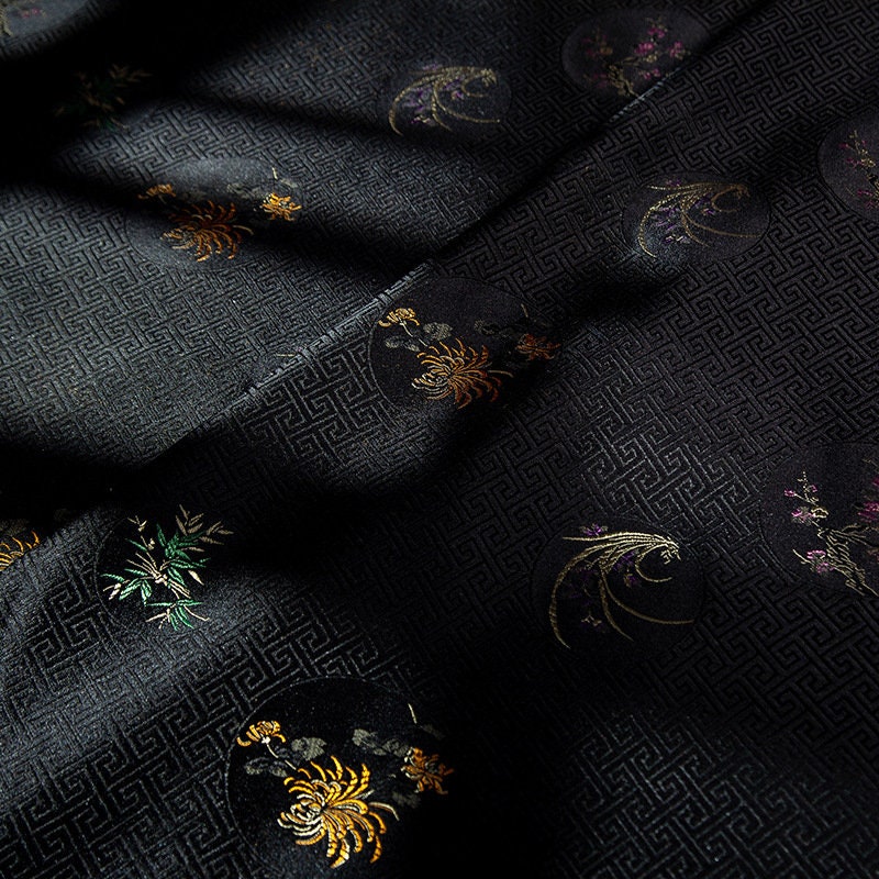 Black Chrysanthemum Brocade Fabric: Plum Bamboo Satin, 29.5"W