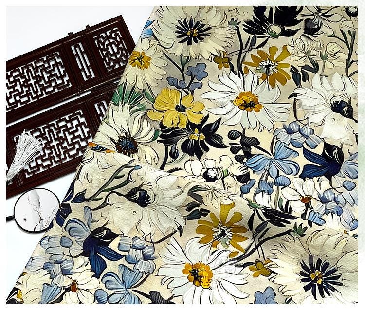 Luxury New Chinese Style Floral Cotton Brocade Fabric ��� Digital Print Oriental Textile - By The Met"Wide
