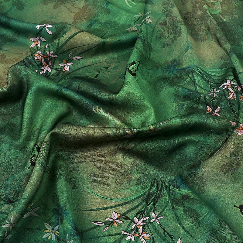 Butterfly Bamboo Tea Silk Satin Fabric: 59"W Upholstery, Costume, Cheongsam