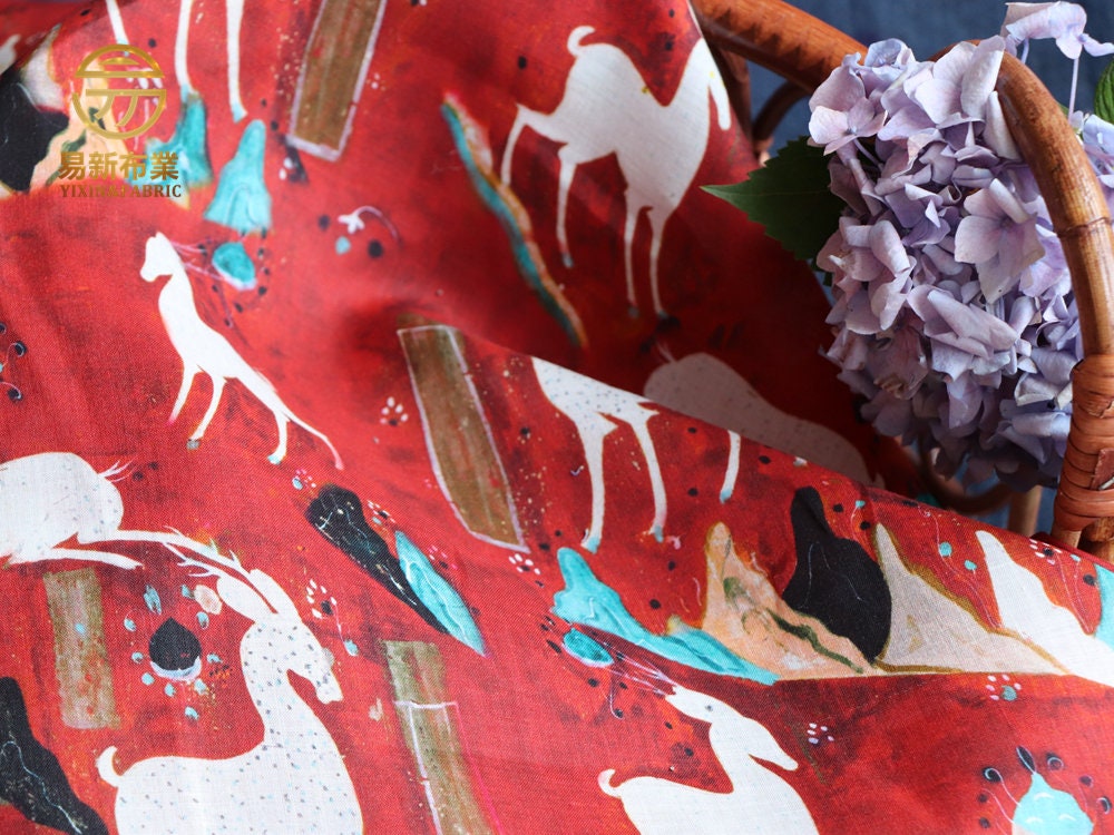 Nine-Color Deer Print Ramie Fabric: Dunhuang Style, 57"W