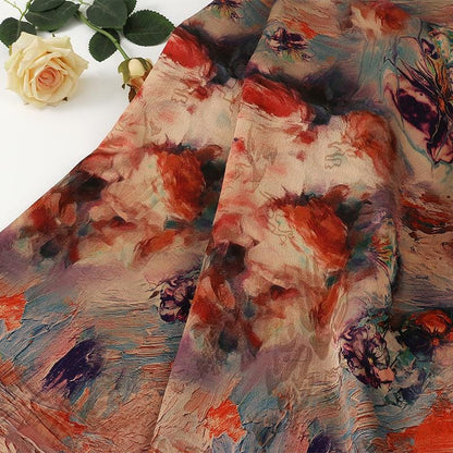 Tea Silk Satin Fabric: Ancient Painting Print, 59" Wide