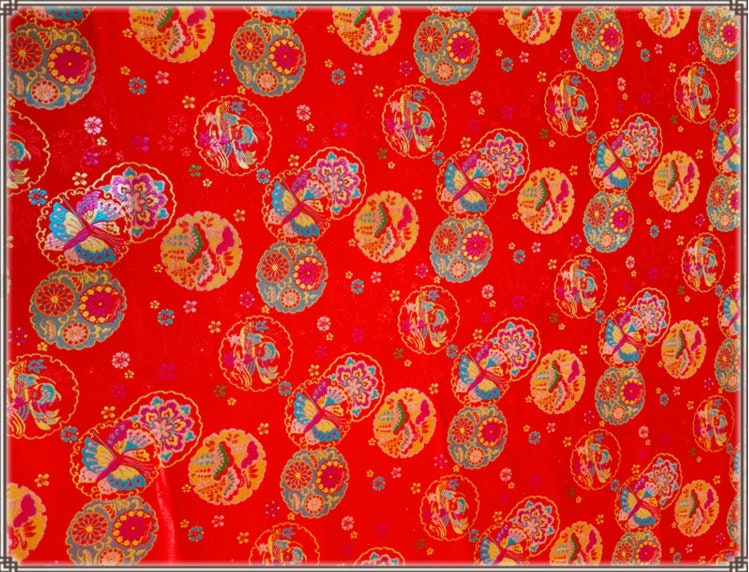 Red Butterfly Brocade Fabric: 59" Wide Silk Rayon Jacquard