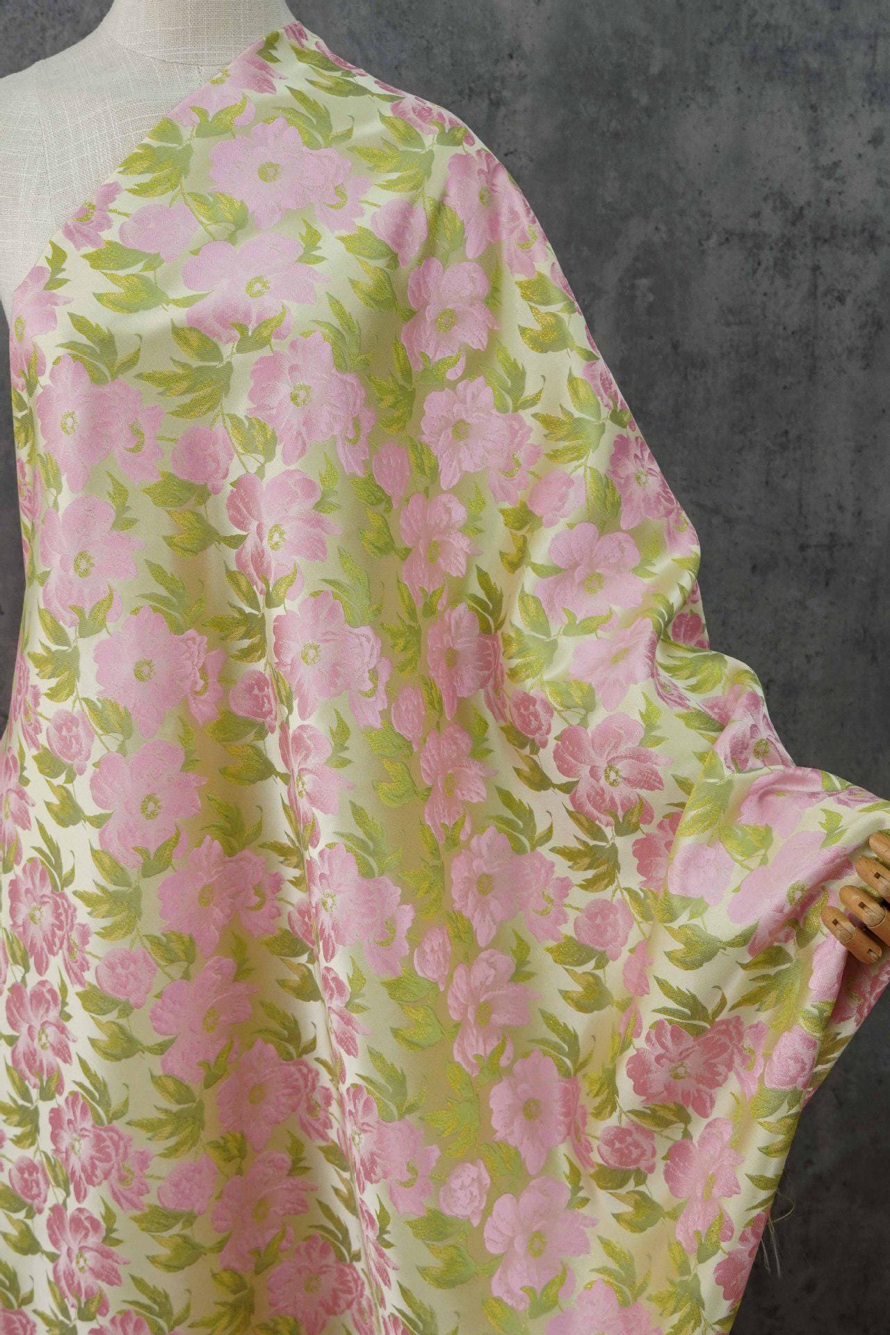 Romantic French Floral Jacquard Fabric with Gold Threads, 65"Wide