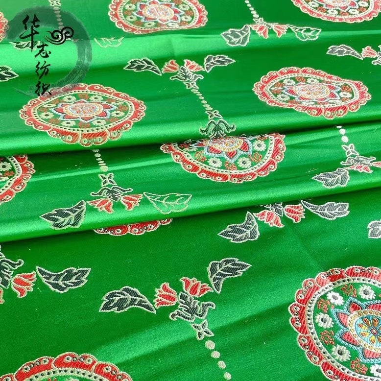 Tibetan Damask Brocade Fabric: Buddhism Inspired Rayon, 29.5"W, By The Meter