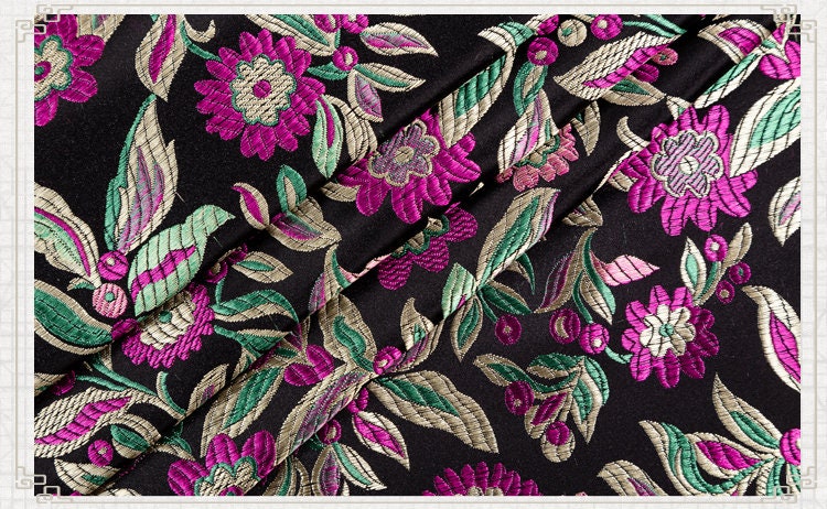 Floral Leaf Brocade Fabric: Chinese Style Silk Rayon Blend, 35" Wide