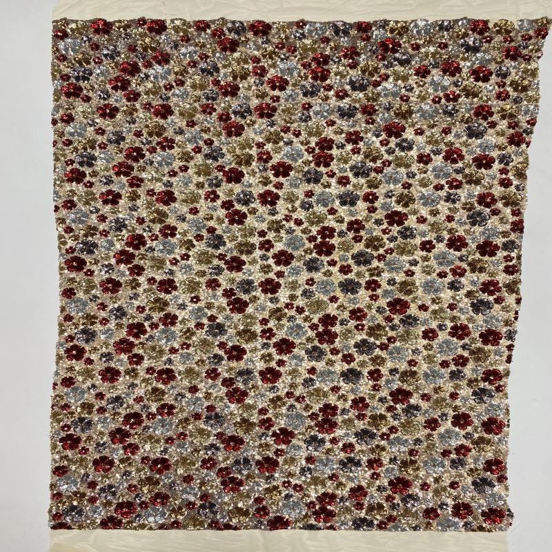 Floral Sequin Embroidery Fabric: Gold Thread Decorative Textile, 49 inches