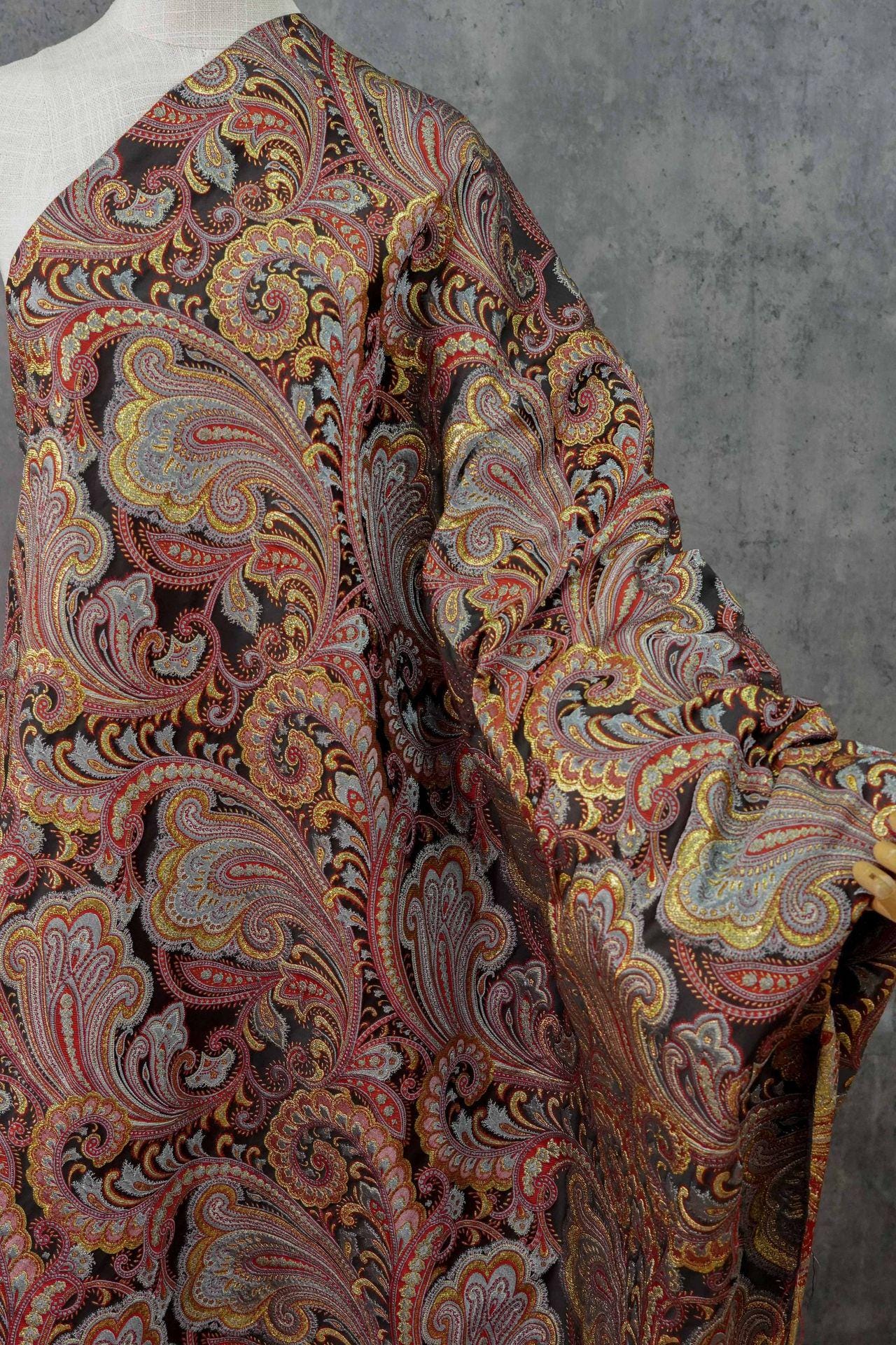 French Abstract Floral Jacquard Fabric: Gold Thread Embossed Woven - 63"W