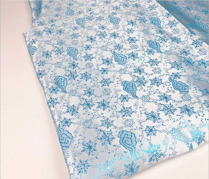 White & Blue Silk Brocade Fabric: Snow Cloud Design, 29.5" Wide