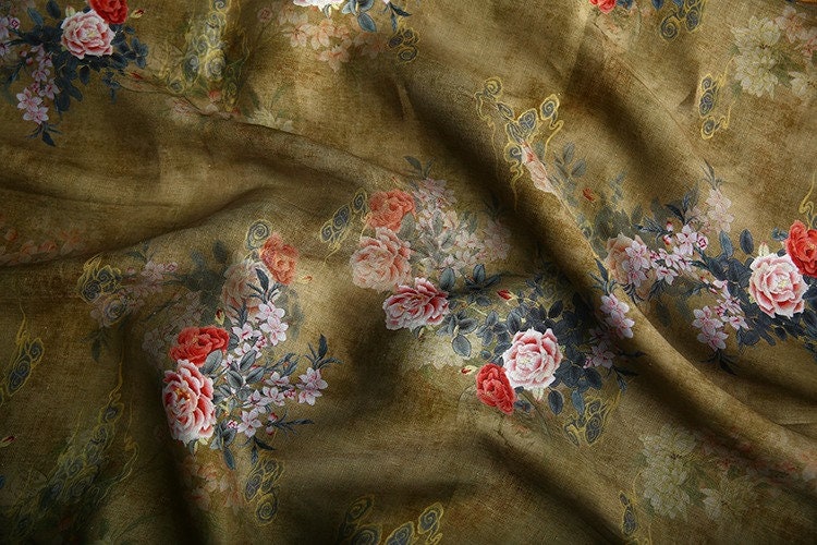 Peony Flower Print Ramie Fabric: Natural Fiber Sewing Material