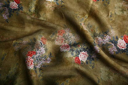 Peony Flower Print Ramie Fabric: Natural Fiber Sewing Material