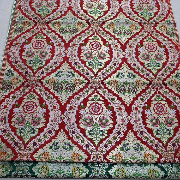 29"W Vintage Tibetan Brocade Fabric: Green Silk Rayon Textile