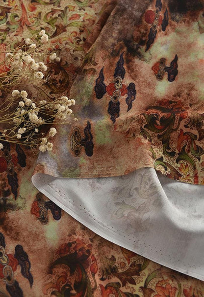 Dunhuang Floral Cotton Fabric: Vintage Style Drapery, Upholstery (55"W)