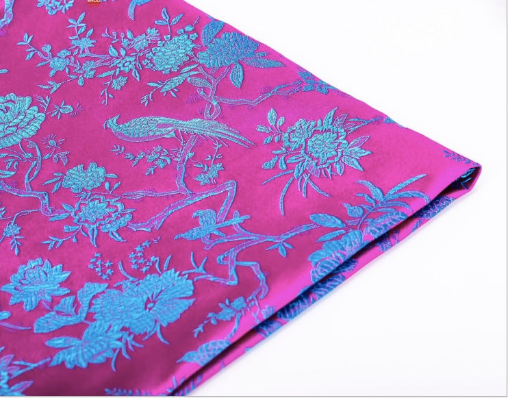 Red Brocade Fabric: Bird Peony Jacquard, Cheongsam Sewing Material (29.5" W)