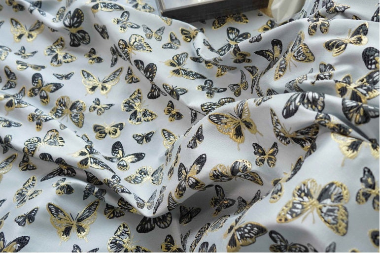 Gold Thread Butterfly Jacquard Fabric: 59" Wide, Upholstery & Drapery By Meter