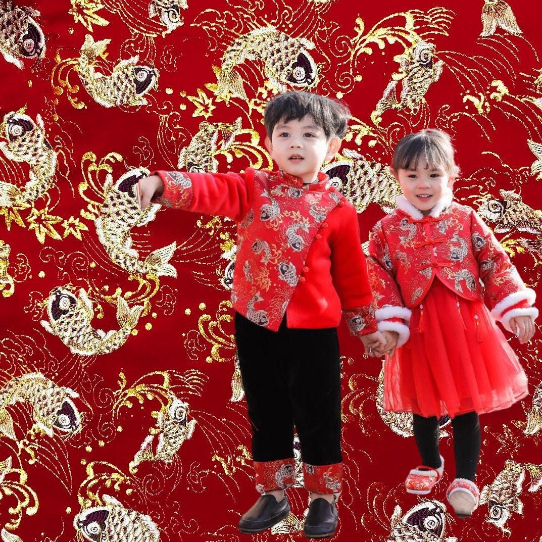 Tissu brocart à motif de carpes : vêtements pour le Nouvel An chinois, matelassage (largeur : 145 cm)