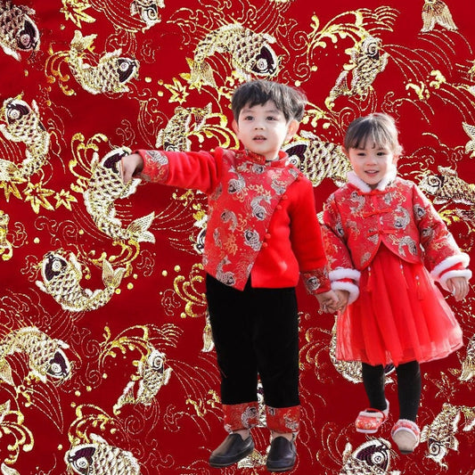 Tissu brocart à motif de carpes : vêtements pour le Nouvel An chinois, matelassage (largeur : 145 cm)
