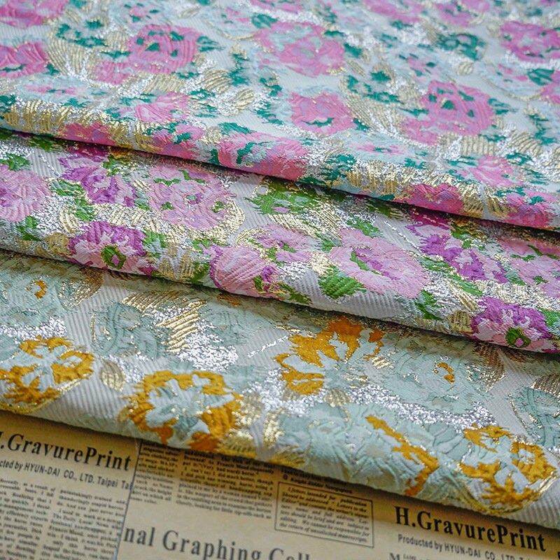 Gold Thread Woven Jacquard Fabric: 3D Embossed Floral, 59"W
