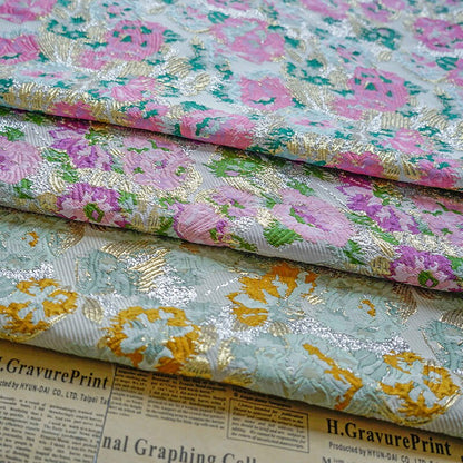 Gold Thread Woven Jacquard Fabric: 3D Embossed Floral, 59"W