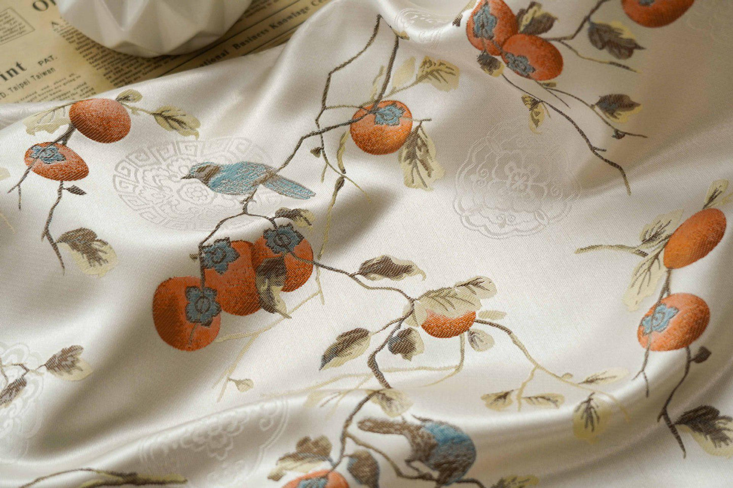 Reversible Jacquard Fabric: Persimmon Ruyi Embossed Woven Textile (65"W)