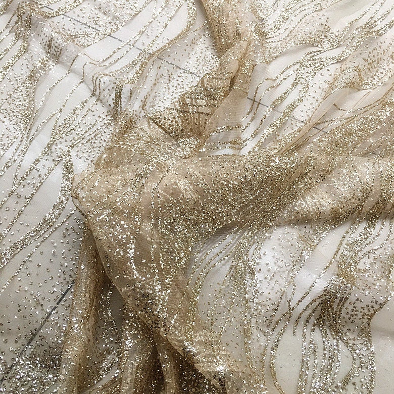 Tissu polyester effet vague brillante : voile à paillettes bronzées, 150 cm de large