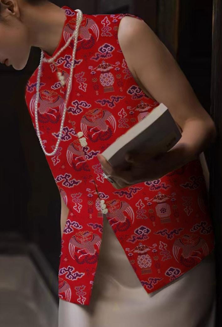 Tissu à motif tibétain Bada : revêtement de cheongsam rouge, décoration de costume (59 po de large)