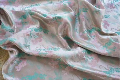 Beige Song Brocade Fabric: Wishful Crane Pattern Silk Rayon