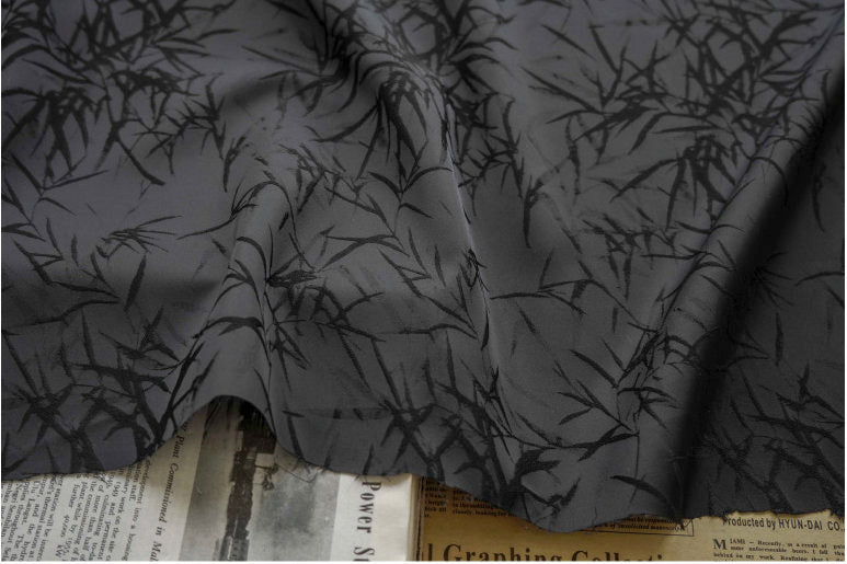 Black Bamboo Damask Brocade Fabric: 55"W Polyester Rayon Blend